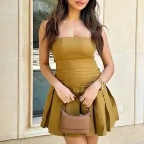 Reformation Isabeli Linen Mini Pleated Womens Dress Ginger Size 6 - Mustard  Gold - mordernwear.com